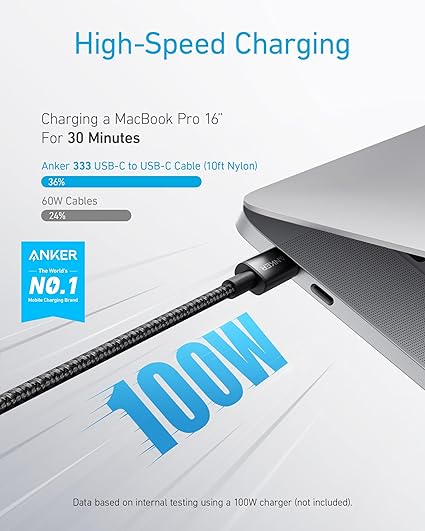 Anker USB-C to USb-C Cable (10ft/3m, 100W, Braided) Black