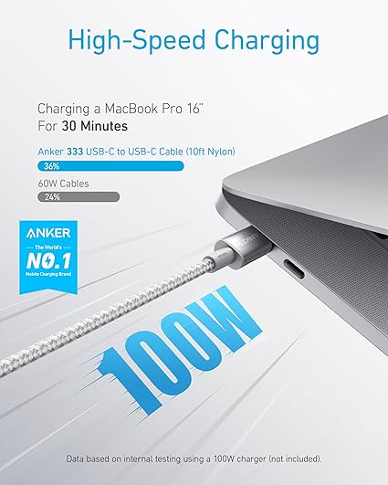 Anker USB-C to USb-C Cable (10ft/3m, 100W, Braided) Silver