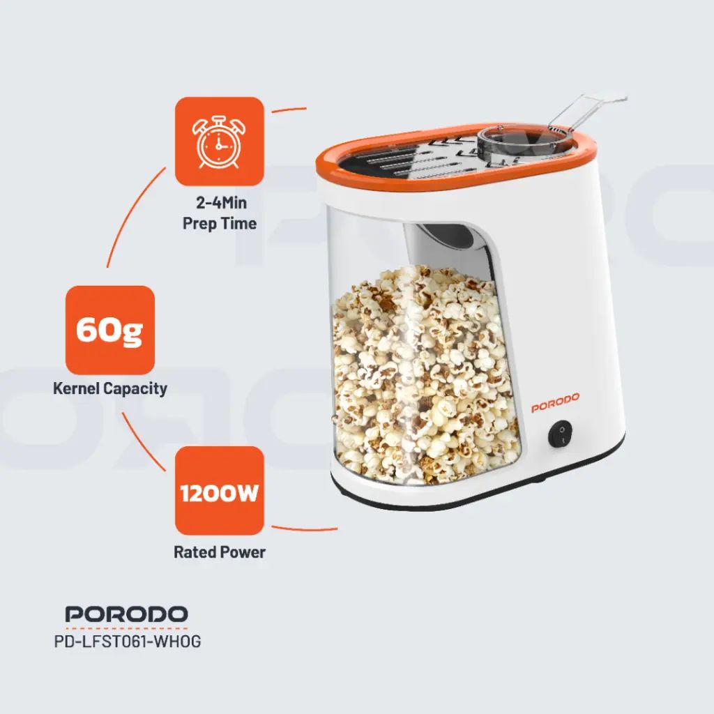 porodo Lifestyle Air-Popped Popcorn Maker - White/Orang