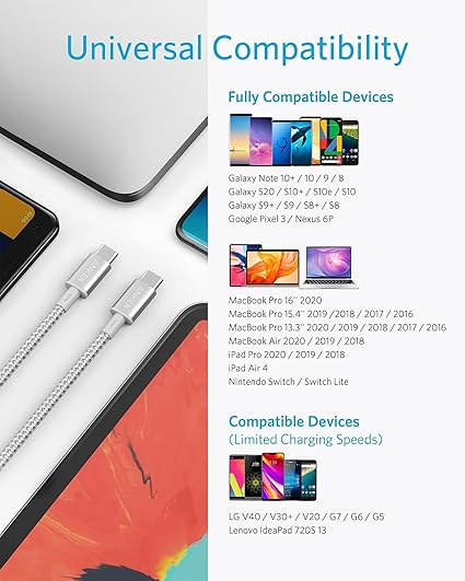Anker USB-C to USb-C Cable (10ft/3m, 100W, Braided) Silver