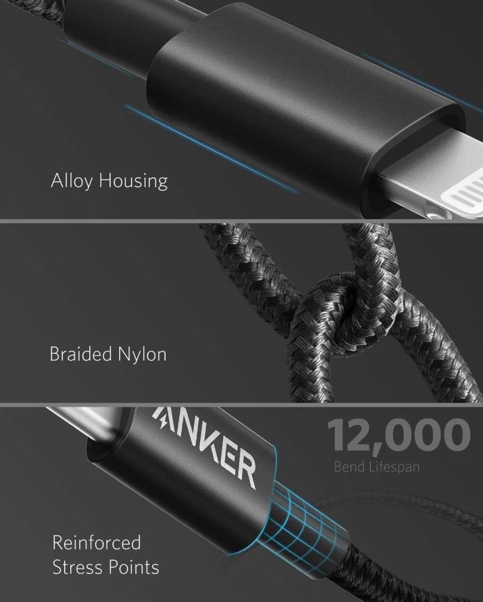 Anker USB-C to Lightning Cable (6ft/1.8m, New Nylon ) Black