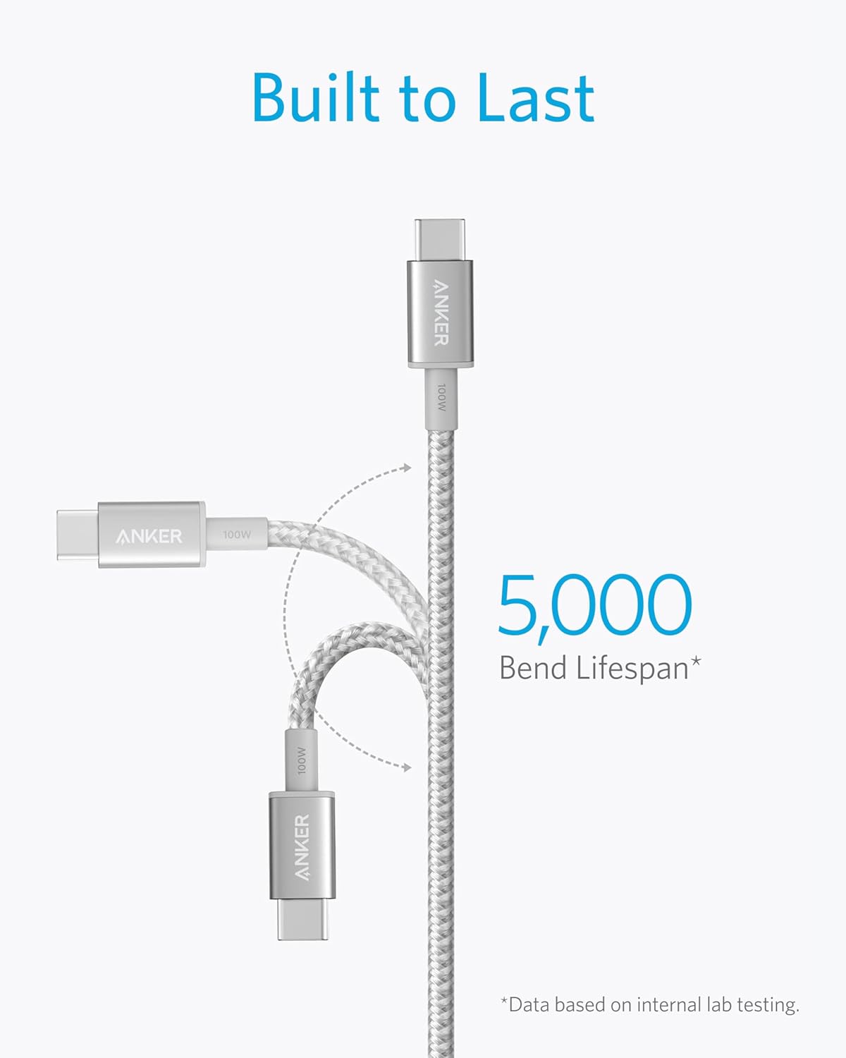 Anker USB-C to USb-C Cable (10ft/3m, 100W, Braided) Silver