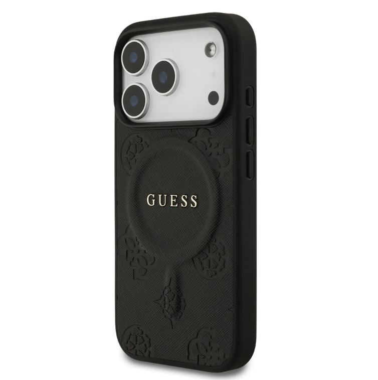 Guess MagSafe PU Leather Case With Peony Hot Stamp Design With Classsic Logo-iPhone 17 Pro Max