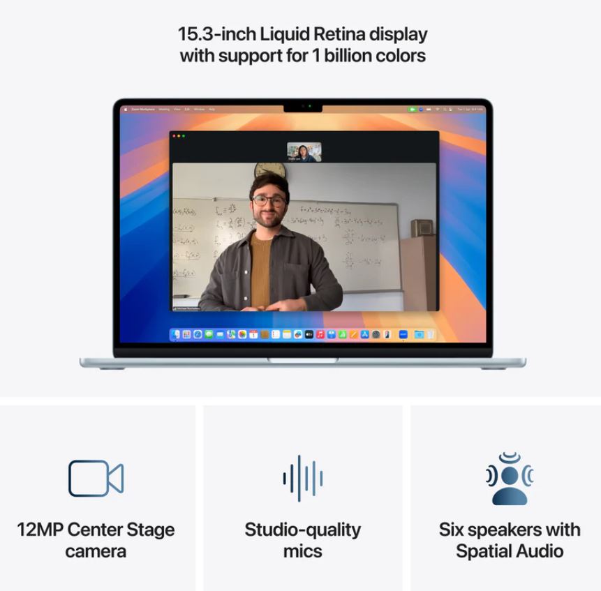 Apple MacBook Air - 15.3" - M4 - 10-Core CPU - 10-Core GPU - 16-Core Neural Engine - 16GB RAM - 512GB SSD - Arabic-English -Sky Blue - 1YW