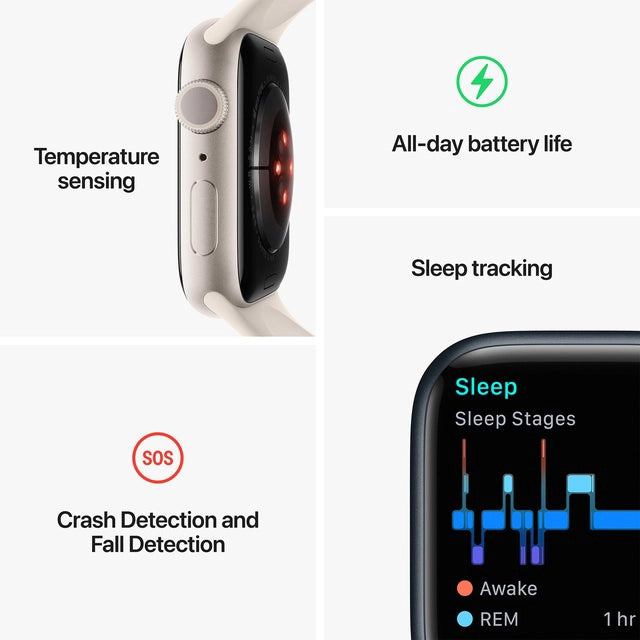 Apple Watch Series 8 GPS Smartwatch, 45 mm Starlight Aluminium Case with Starlight Sport Band