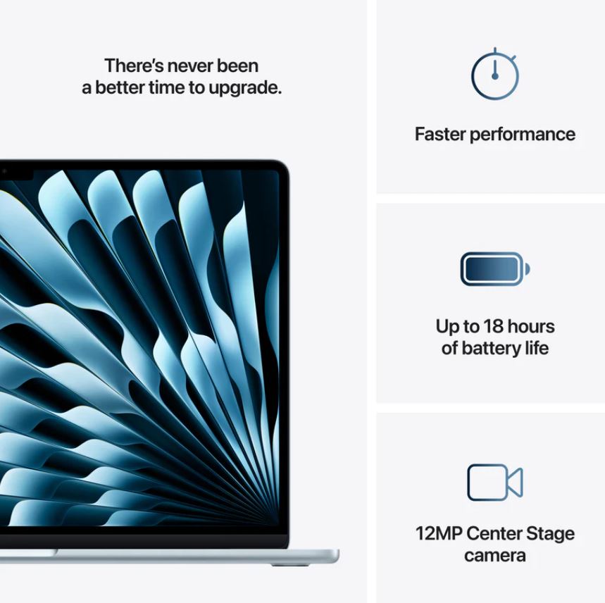 Apple MacBook Air - 15.3" - M4 - 10-Core CPU - 10-Core GPU - 16-Core Neural Engine - 16GB RAM - 512GB SSD - Arabic-English -Sky Blue - 1YW