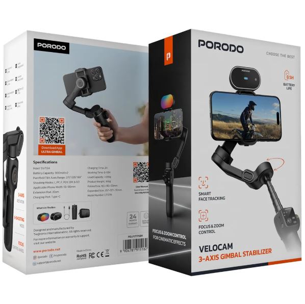 Porodo Velocam 3-Axis Gimbal Stabilizer - Black