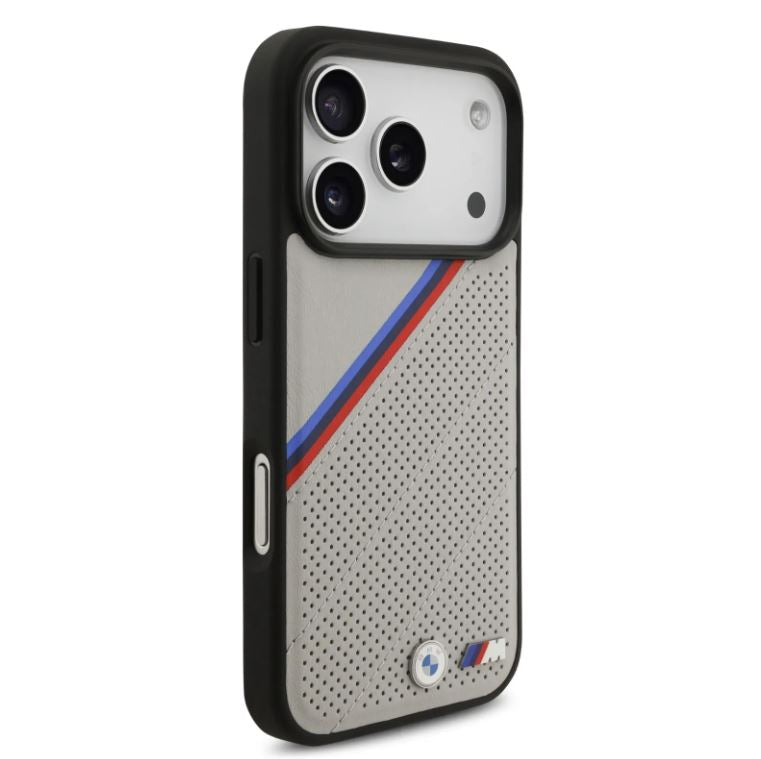 BMW MagSafe PU Leather Case With Tricolor Slanted Stripes & Metal Logos- iPhone 17 Pro Max