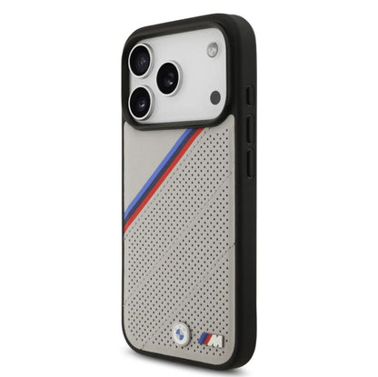 BMW MagSafe PU Leather Case With Tricolor Slanted Stripes & Metal Logos- iPhone 17 Pro Max