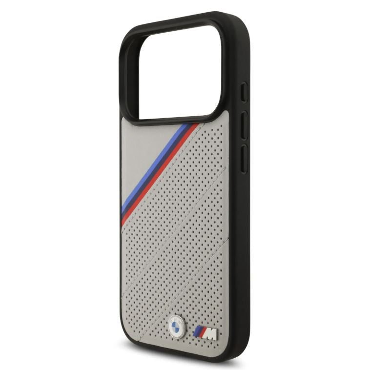BMW MagSafe PU Leather Case With Tricolor Slanted Stripes & Metal Logos- iPhone 17 Pro