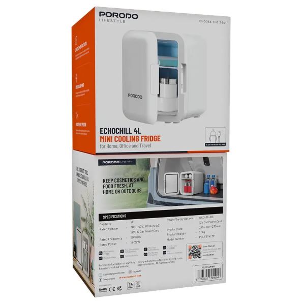 Porodo Lifestyle Echochill 4L Min Cooling Fridge, For Home, Office And Travel - White