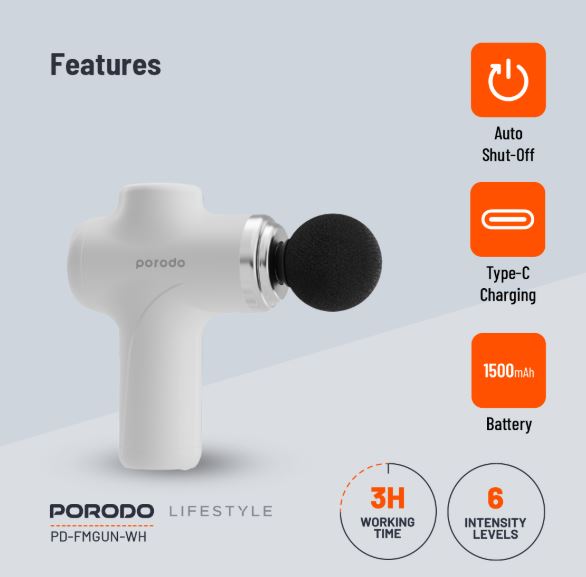 Porodo Lifestyle Precision  Handheld Massager 4  Interchangeable Head  White