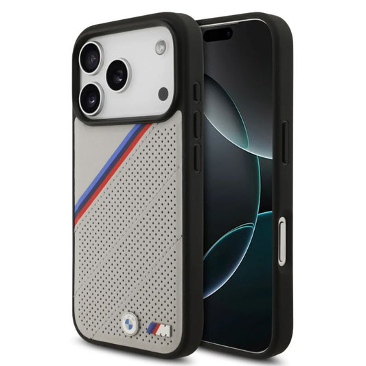 BMW MagSafe PU Leather Case With Tricolor Slanted Stripes & Metal Logos- iPhone 17 Pro