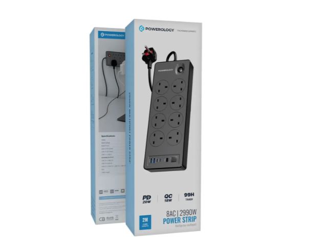 Powerology 8AC 2990W Power Strip PD 20W - Black