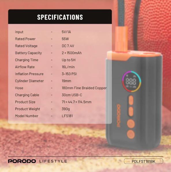 Porodo Lifestyle Electric Air Inflator - Black