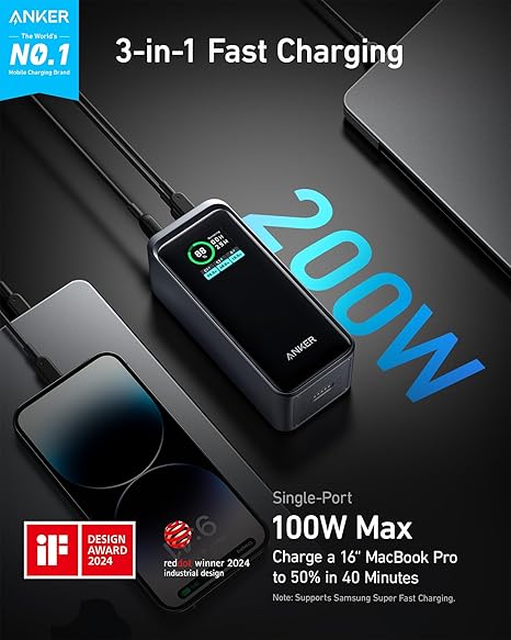 ANKER 3-Port 200W Power Bank  LCD Screen 20,000mAh Black