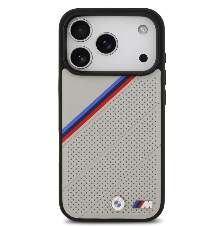 BMW MagSafe PU Leather Case With Tricolor Slanted Stripes & Metal Logos- iPhone 17 Pro Max