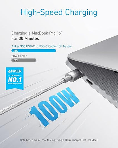 Anker USB-C to USb-C Cable (10ft/3m, 100W, Braided) Silver
