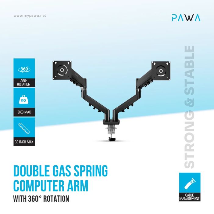 PAWA Double Gas Spring Computer Arm With 360º Rotation-Black