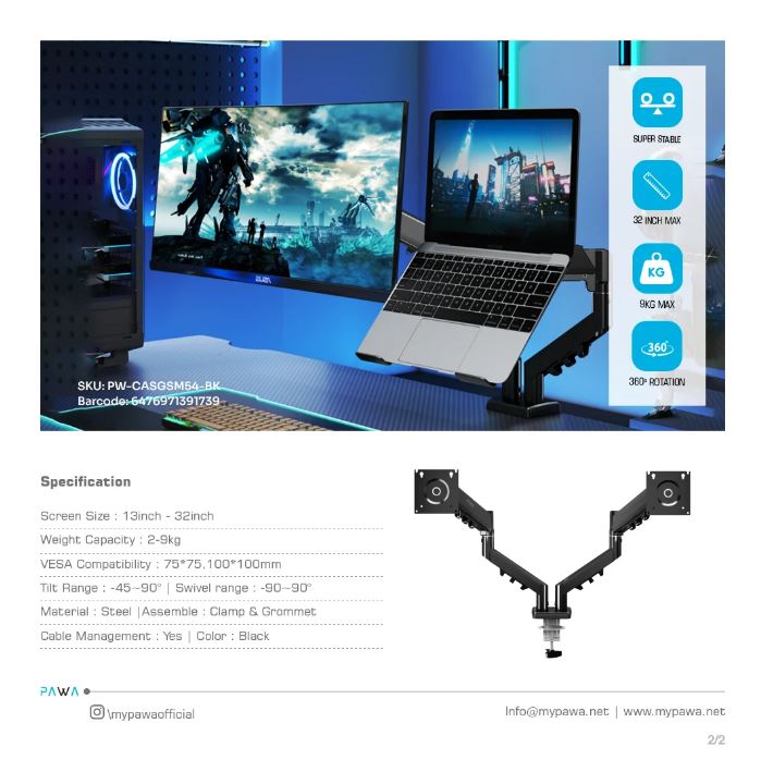 PAWA Double Gas Spring Computer Arm With 360º Rotation-Black