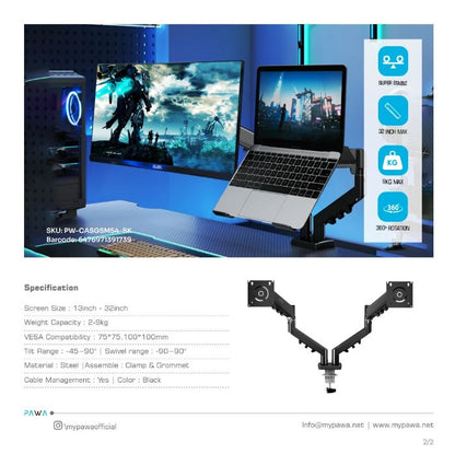 PAWA Double Gas Spring Computer Arm With 360º Rotation-Black