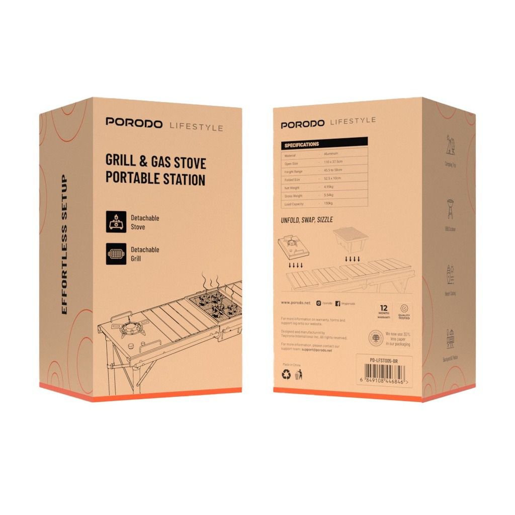 Porodo Lifestyle Grill & Gas Stove Portable Station - Brown