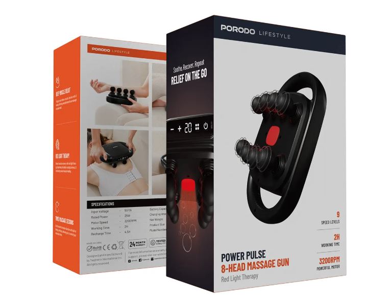 Porodo Lifestyle Power  Pulse 8-Head Massage Gun-Blac