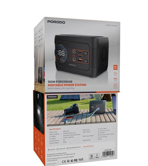 Porodo 150W Forcebase  Portable Power Station  Gray/Black