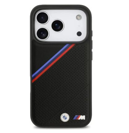 BMW MagSafe PU Leather Case With Tricolor Slanted Stripes & Metal Logos -iPhone 17 Pro Max