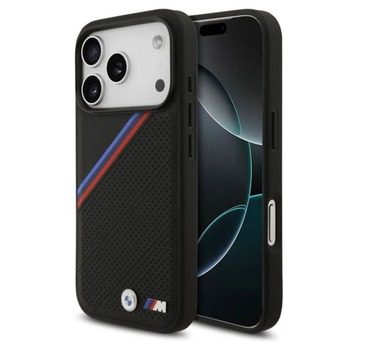 BMW MagSafe PU Leather Case With Tricolor Slanted Stripes & Metal Logos -iPhone 17 Pro Max