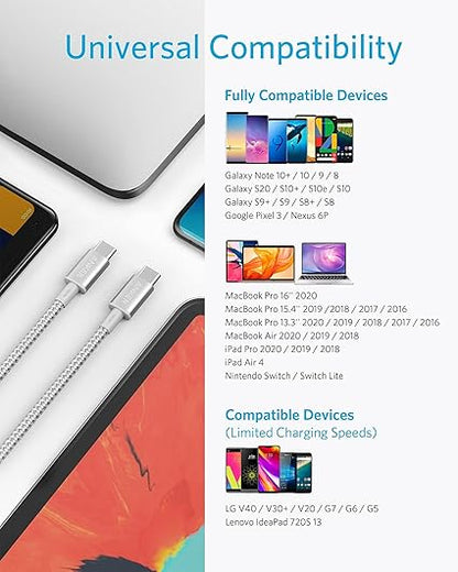 Anker USB-C to USb-C Cable (10ft/3m, 100W, Braided) Silver