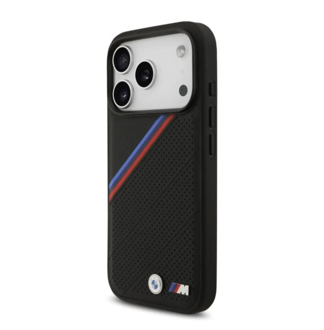 BMW MagSafe PU Leather Case With Tricolor Slanted Stripes & Metal Logos -iPhone 17 Pro Max