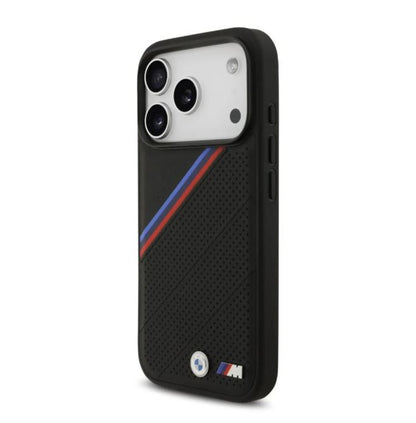 BMW MagSafe PU Leather Case With Tricolor Slanted Stripes & Metal Logos -iPhone 17 Pro Max