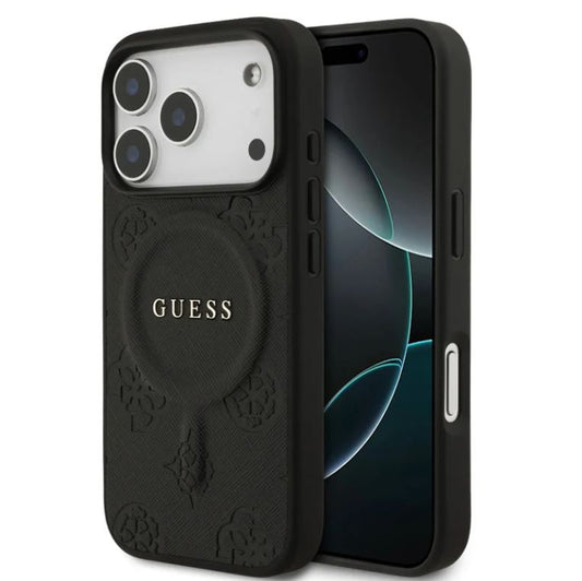 Guess MagSafe PU Leather Case With Peony Hot Stamp Design With Classsic Logo-iPhone 17 Pro Max