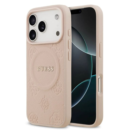 Guess MagSafe PU Leather Case With Peony Hot Stamp Design With Classsic Logo-iPhone 17 Pro Max