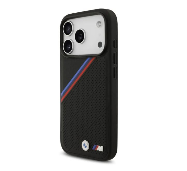 BMW MagSafe PU Leather Case With Tricolor Slanted Stripes & Metal Logos- iPhone 17 Pro