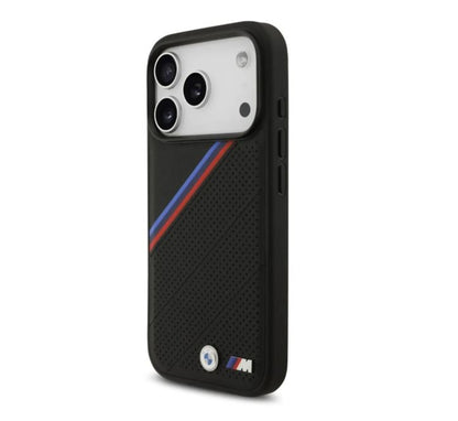 BMW MagSafe PU Leather Case With Tricolor Slanted Stripes & Metal Logos- iPhone 17 Pro