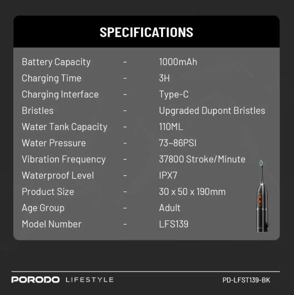 Porodo Lifestyle Water Floss & Sonic Electric Toothbrush-BLACK