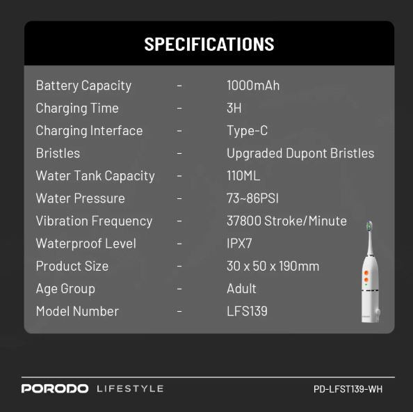 Porodo Lifestyle Water Floss & Sonic Electric Toothbrush-WHITE
