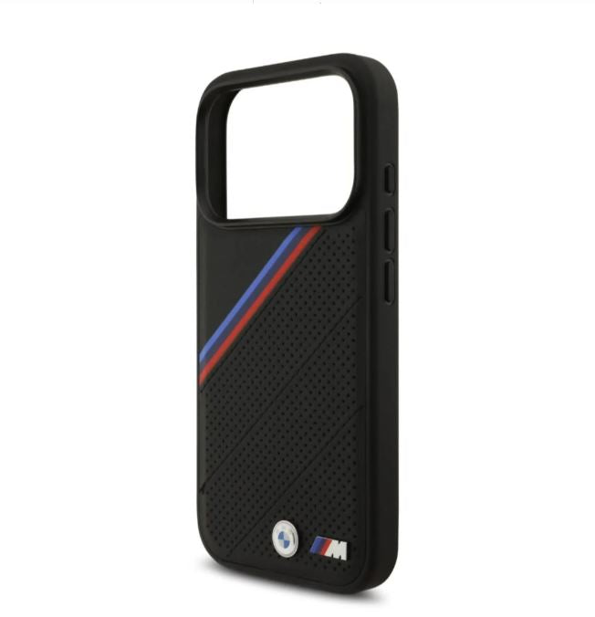 BMW MagSafe PU Leather Case With Tricolor Slanted Stripes & Metal Logos -iPhone 17 Pro Max
